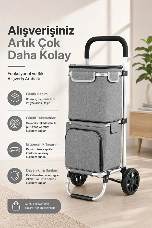 İki Bölmeli Termal Soğutucu Çantalı Alüminyum Gövdeli Alışveriş Pazar Arabası